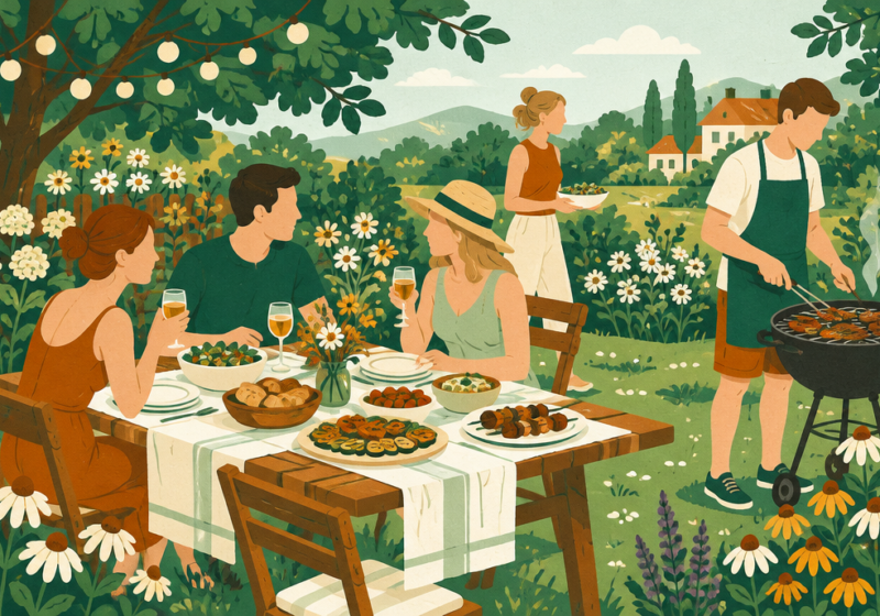 Letni piknik w ogrodzie, stół z jedzeniem i grill wśród zieleni