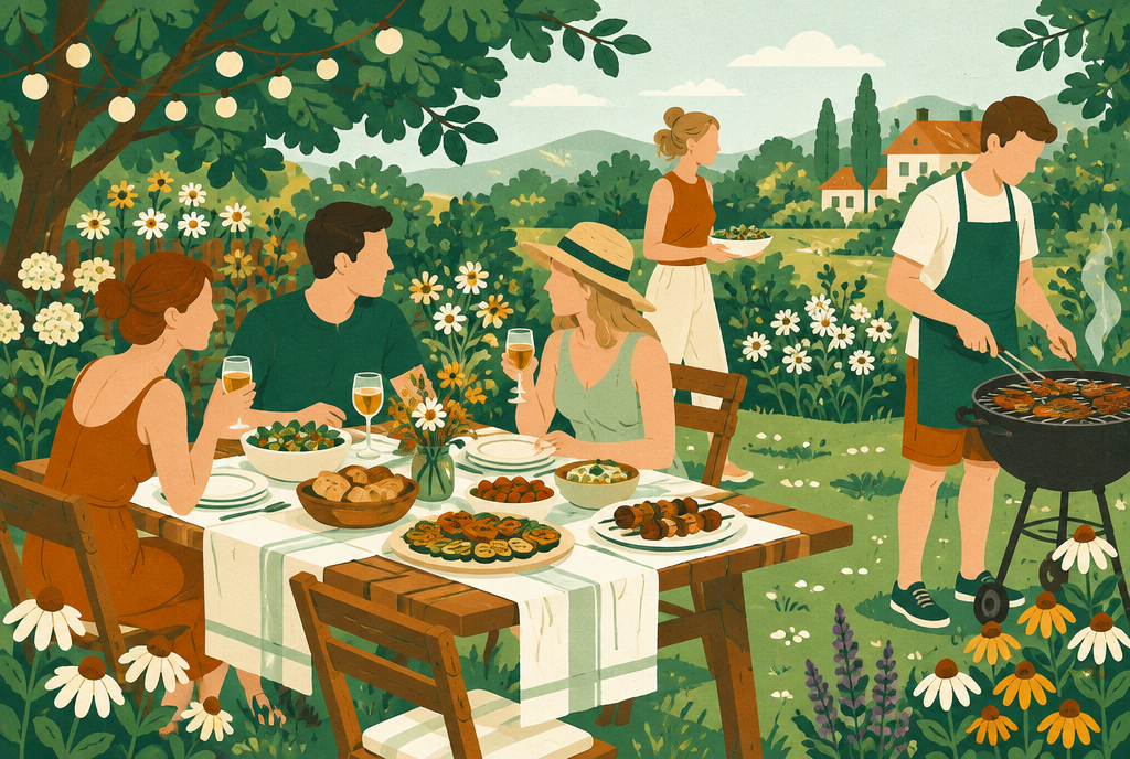 Letni piknik w ogrodzie, stół z jedzeniem i grill wśród zieleni