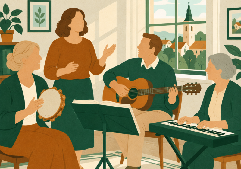 Rysunek: grupa osób muzykuje — śpiew, gitara, tamburyn i keyboard; w oknie wieża kościoła