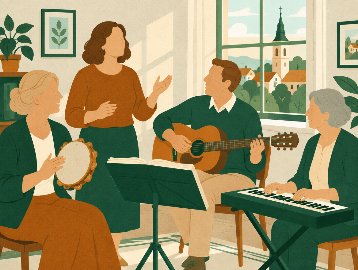Rysunek: grupa osób muzykuje — śpiew, gitara, tamburyn i keyboard; w oknie wieża kościoła